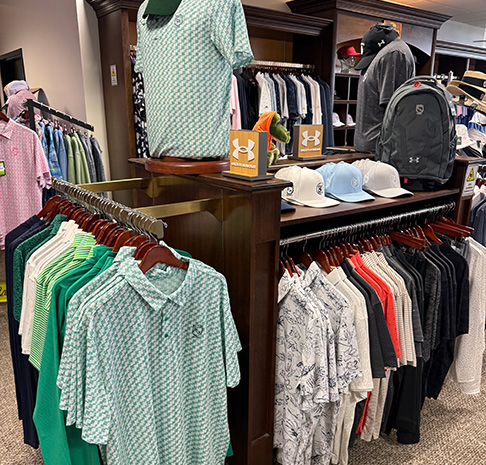 Rack of golf polos at the Golf Pro Shop
